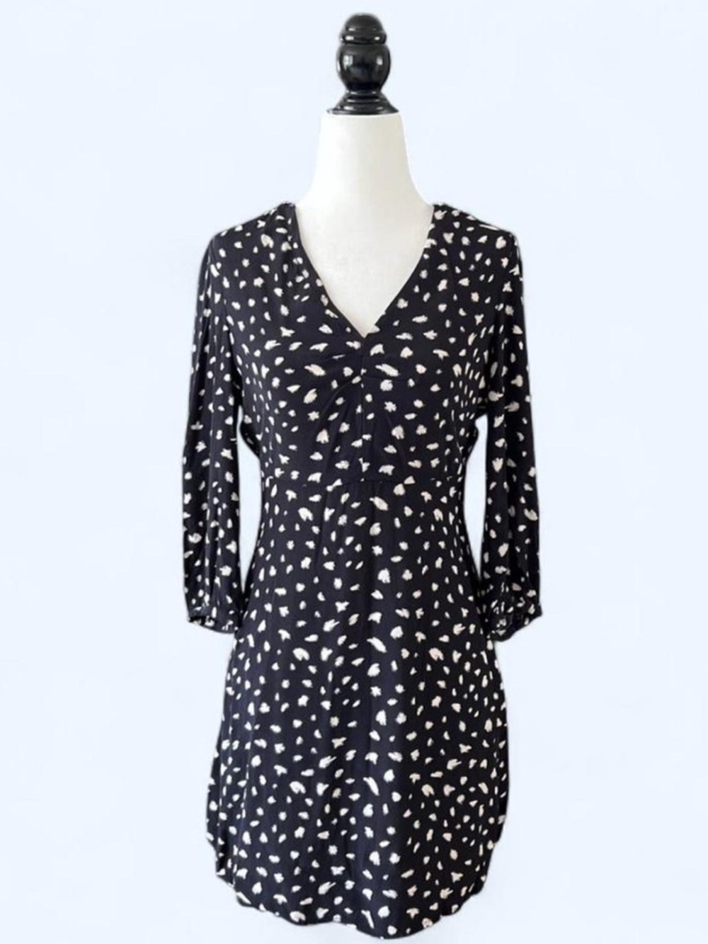 Mango Black White Polka Dot Dress V-Neck Long Sleeve Midi Size XS